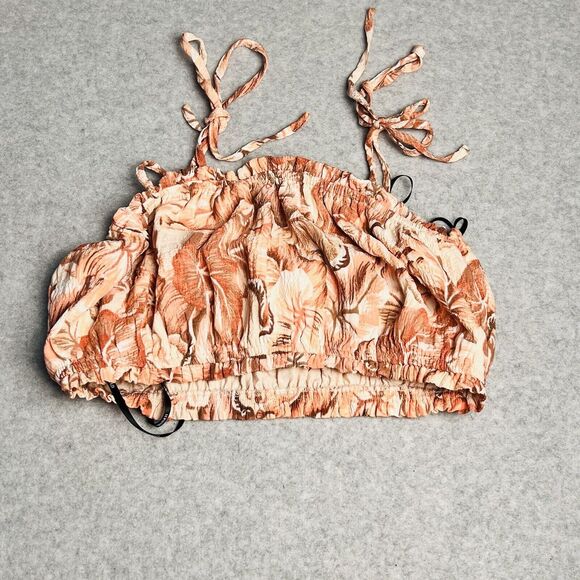 Forever 21 Womens Small Beige Print Crop Top Tie Strap Smocked Boho Coquette - Picture 7 of 12